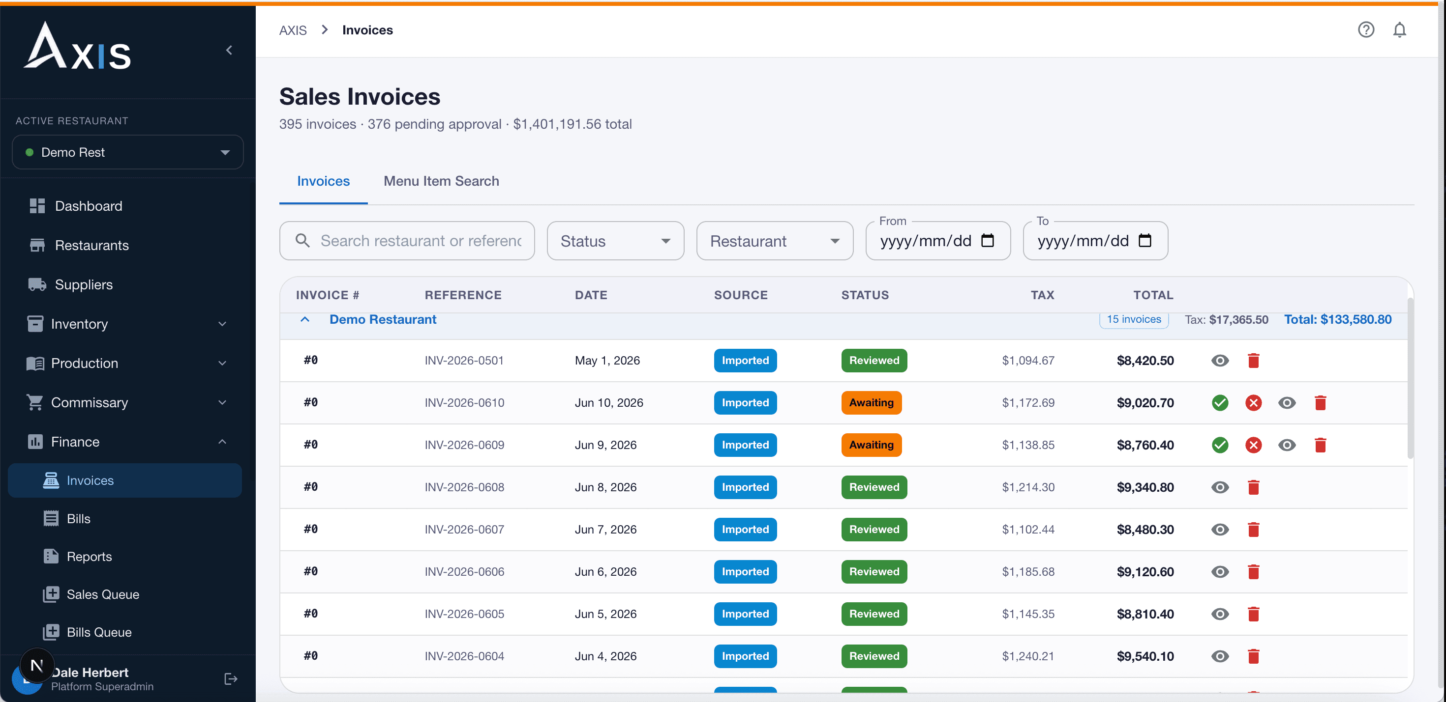 Axis sales invoices screen