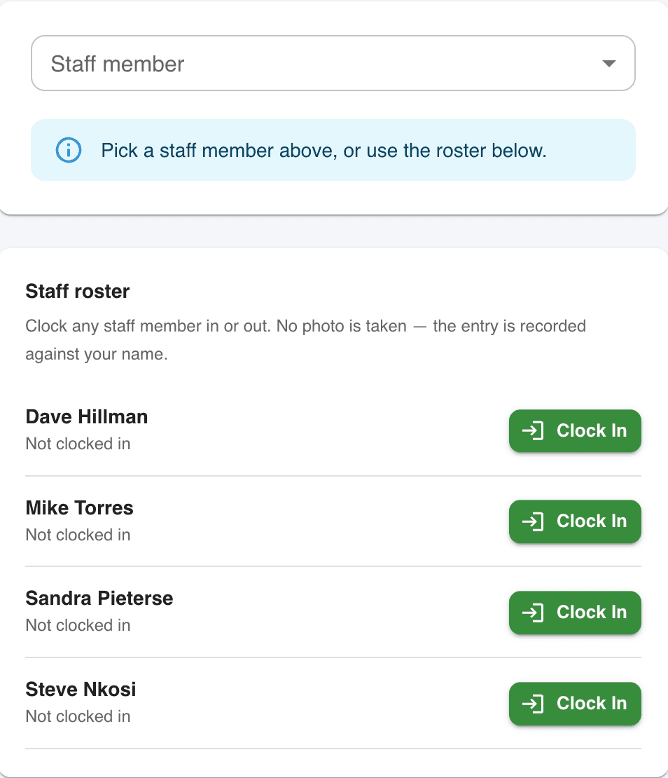 TraxWork staff check-in and roster screen