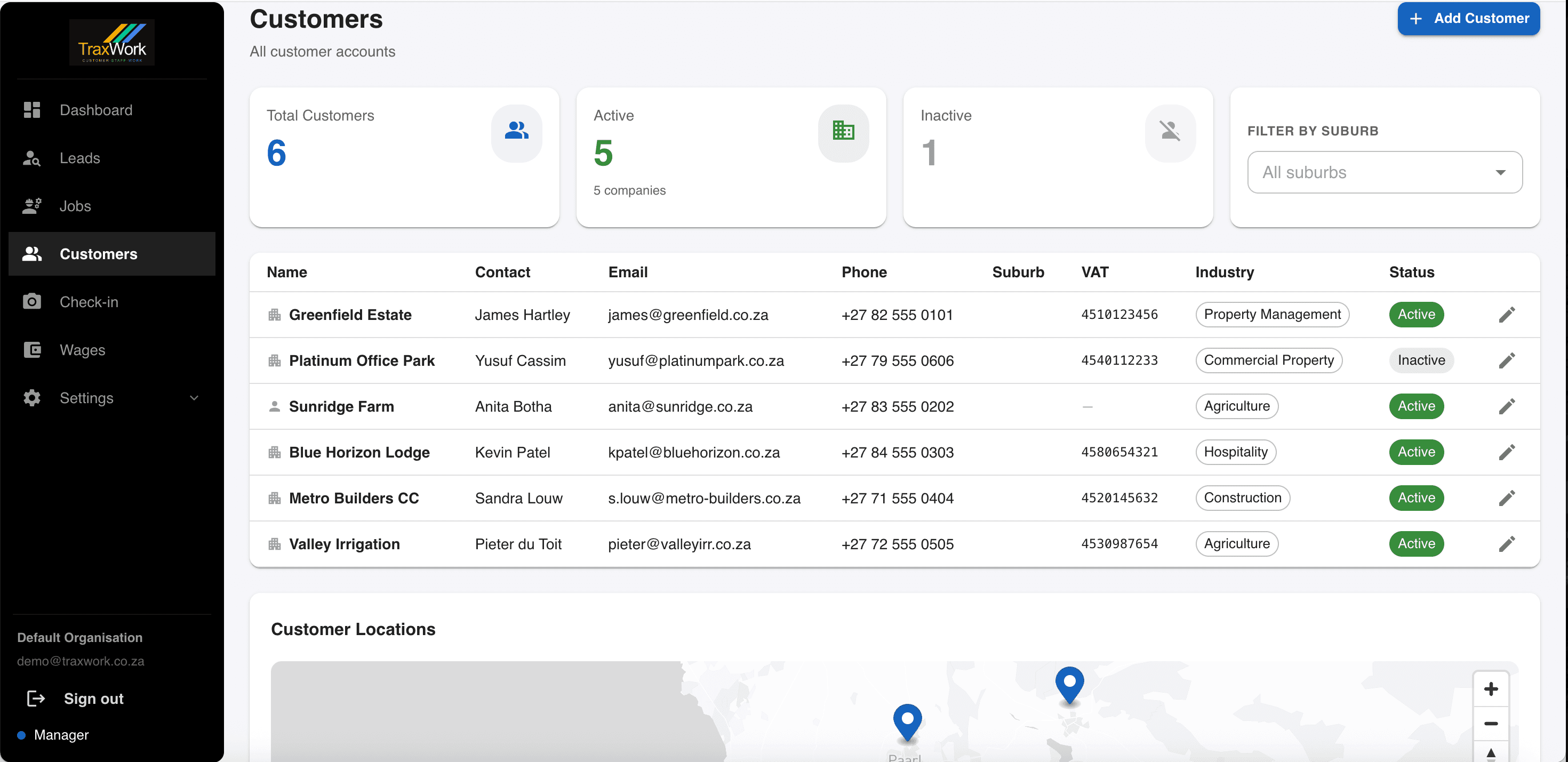 TraxWork customers screen