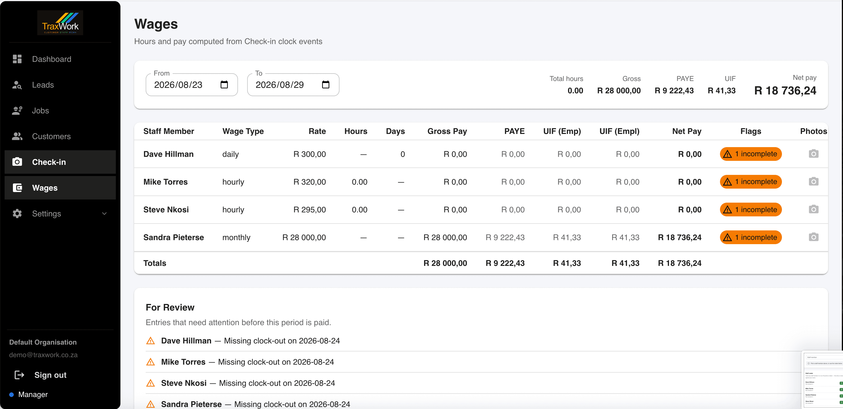 TraxWork wages and payroll screen